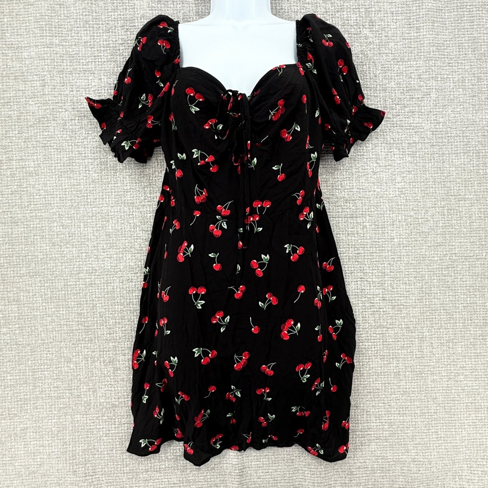 Y2K Floerns Cherry Print Puff Sleeve Dress Women‎ L Empire Milkmaid Babydoll